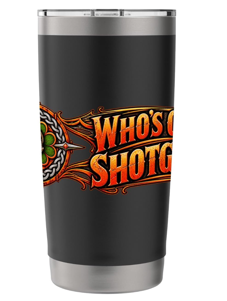Who’s Got Shotgun travel mug — lettering view