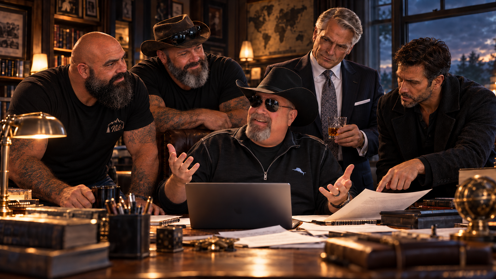 K.A. Brown at his writing desk with Nik, Rich, George Avail, and Derrick Driver gathered around him.